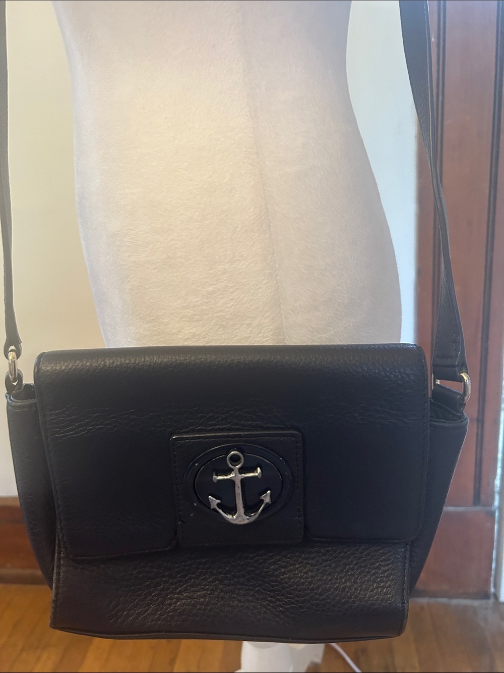 Talbots Black Leather Crossbody Bag with Anchor Accent VGUC